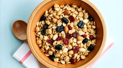 Overhead view of granola with almonds and dried berries in wooden bowl on light blue background.