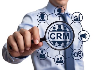 Businessman examines crm system with customer relationship icons
