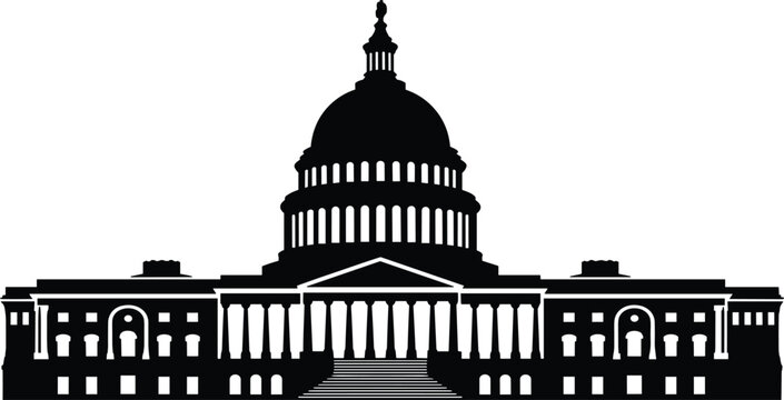 Detailed black vector silhouette of the United States Capitol Building, symbolizing US government, politics, democracy, and national monument architecture