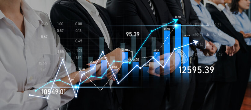 A dynamic business team stands confidently with arms crossed, surrounded by financial graphs illustrating growth, emphasizing the importance of teamwork in achieving financial success. Scalp - Powered by Adobe