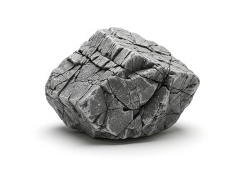 Angular, fractured gray geological specimen rests isolated upon a white background