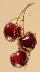 Cherries dripping golden liquid &mdash; macro gourmet fruit on light background