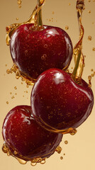 Cherries dripping golden liquid &mdash; macro gourmet fruit on light background