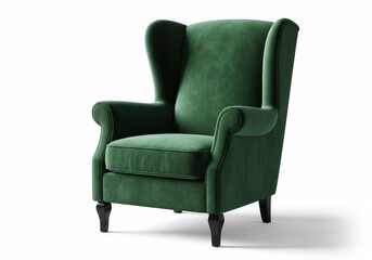 Classic high-backed upholstered armchair rendered in rich green fabric against a white background