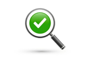 Magnifying glass displays a bright green confirmation checkmark over a white background