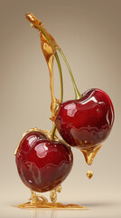 Cherries dripping golden liquid &mdash; macro gourmet fruit on light background