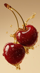 Cherries dripping golden liquid &mdash; macro gourmet fruit on light background