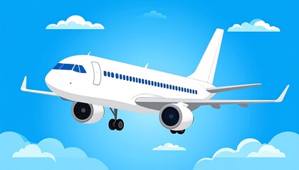 Fototapeta premium White passenger jet in flight with blue sky and fluffy clouds