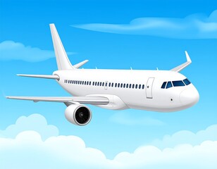 Fototapeta premium White passenger jet airplane soaring through a bright blue sky with fluffy clouds