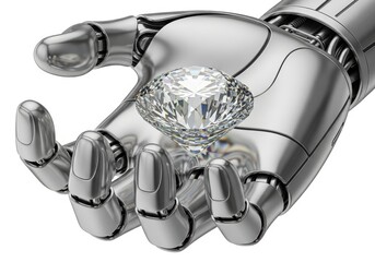 Polished metallic robotic hand gently cradles a brilliant cut gemstone against a clean white background
