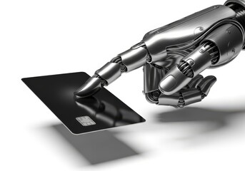 Metallic robotic hand digitally interacts with a blank black payment card