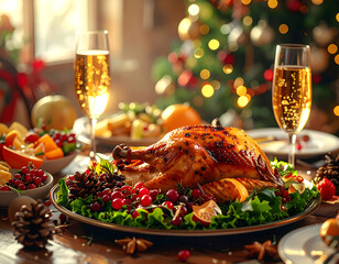 dinner meal of gourmet roasted chicken and fresh salad on a plate on the table