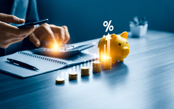 Financial planning concept showing rising interest rates with stacked coins, percentage indicators, and a piggy bank, symbolizing savings returns, investment yield, and increasing borrowing costs