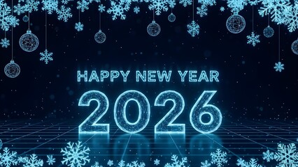 Futuristic digital design for Happy New Year 2026, featuring snowflakes and Christmas ornaments on a blue background.