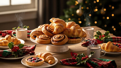 Overhead view of a wooden table filled with various pastries (croissants, cinnamon rolls, berry tarts) on serving plates, mugs of hot drinks, and a festive tartan napkin, with a lighted Christmas tree