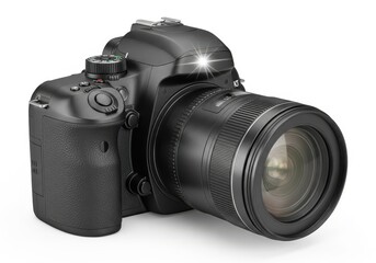 Professional interchangeable lens camera body with attached zoom optic displays bright lens flare against white background