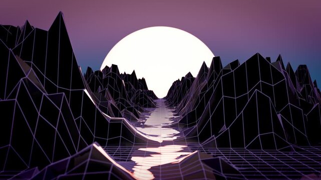 Seamless loop background with dark valley of low poly angular mountains illuminated by a glowing sun. Landscape animation with bright sunset in retro futuristic synthwave style. 3D render , 4K 60 fps