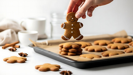 A hand lifting a decorated gingerbread man cookie over a stack of cookies on a baking sheet, surrounded by spices and a mug in a white background.