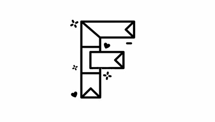 Stylized letter F created from geometric ribbon shapes and small decorative elements.
