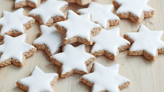 Decorative star-shaped cookies with icing on wooden surface for festive occasions with copy space - Powered by Adobe