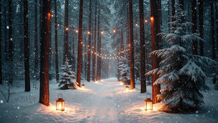 Snowy forest pathway illuminated by lanterns and string lights in winter atmosphere with copy space