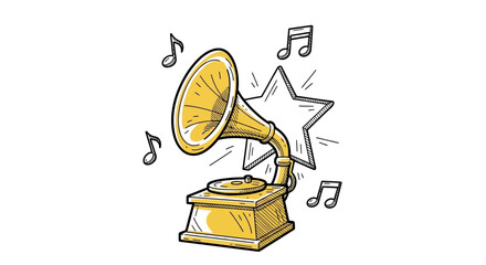 Vintage Gramophone with Musical Notes and Star Illustration.