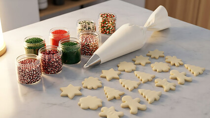 Cookie dough on a wooden table with a rolling pin, surrounded by spices like cinnamon sticks and star anise, indicating preparation for Christmas baking.