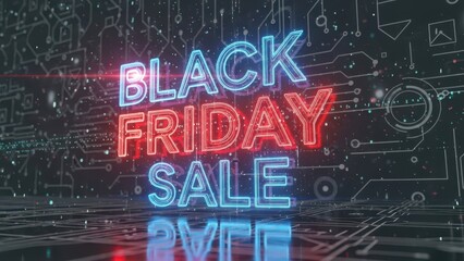 Black Friday Sale text in neon red and blue lights, digital tech background