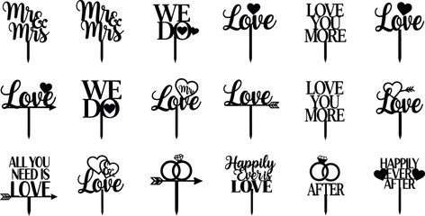 Collection of decorative black cake toppers with romantic phrases and heart motifs