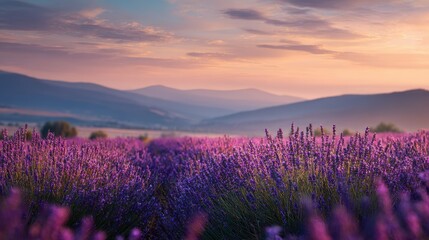 Fototapeta premium Vibrant Lavender Field at Sunset with Distant Mountains and Pastel Sky