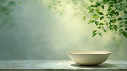 Empty light beige ceramic bowl on a rustic stone table with blurred green leaves and natural light in the background, a serene and fresh scene for product display