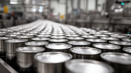 Obraz premium Rows of silver aluminum cans on a conveyor belt in a factory production line