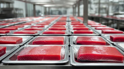 Rows of fresh raw tuna loins neatly arranged in silver trays within a processing facility