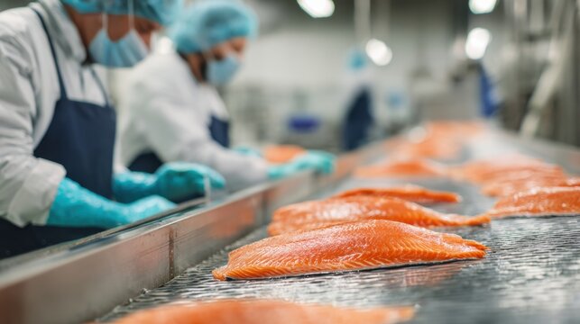 Salmon fillets on a conveyor belt in a food processing plant with workers preparing fish