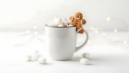A white mug full of marshmallows, with a gingerbread man cookie hooked on the rim, against a clean white background and blurred bokeh lights.