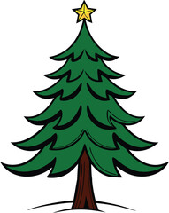 Obraz premium Simple cartoon illustration of a green Christmas tree with a yellow star on top evergreen pine