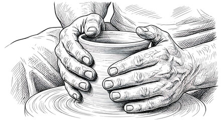 Hands shaping clay on pottery wheel