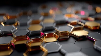 Obraz premium Abstract Futuristic Sci Fi Hexagonal Mesh Texture With Golden and Silver Elements And Glowing Pink Accents In Dark Background With Bokeh Lights