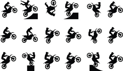 Extreme Motocross Bike Riders Silhouettes Vector Set, Jumping, Stunting, and Freestyle Motorcycle Racing Action Figures, Sports, Adrenaline, and Danger Graphic © Juwel