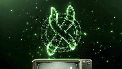 futuristic 4k 3d rendering of a glowing holographic connection symbol with middle distortion and green glitch effects on a black background suitable for tech cyber or virtual reality visuals - Powered by Adobe