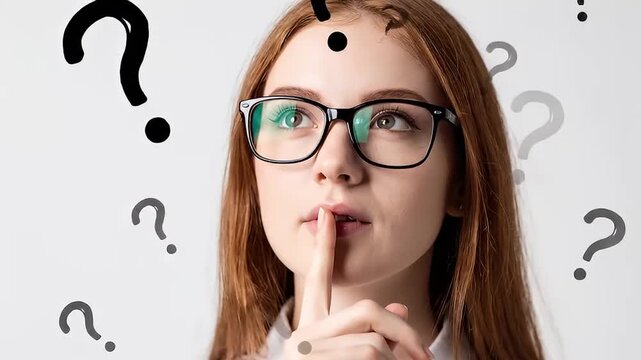 Thoughtful young female adult with hand on chin and question mark wall