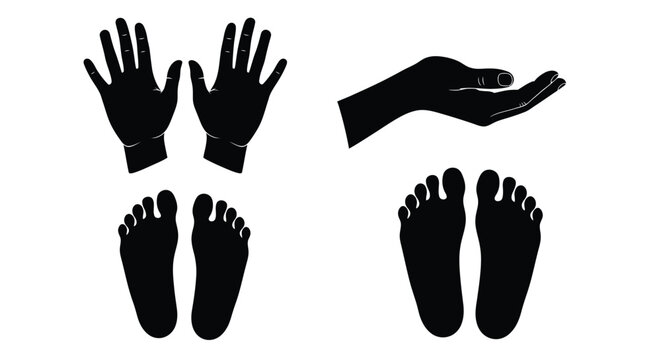Black silhouettes of hands and feet on white