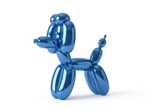Shiny metallic blue canine figure constructed from twisted inflated objects rests on a white background - Powered by Adobe