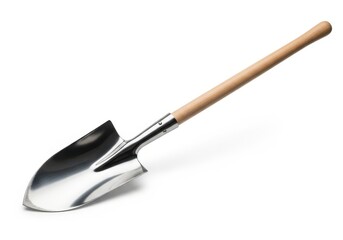Small steel digging implement with a smooth wooden handle is isolated on white background