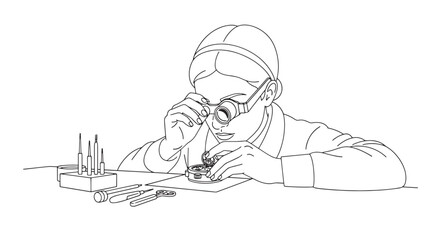 Watchmaker repairing a watch with magnifying glasses