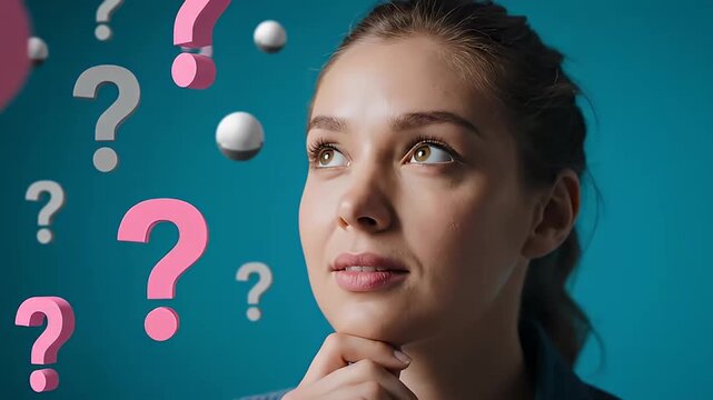 Young woman thinking deeply with a contemplative hand on her chin