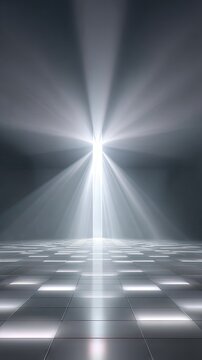 Abstract Metal Grid Texture With Bright Center Light Beam And Reflective Floor In Futuristic Architectural Space