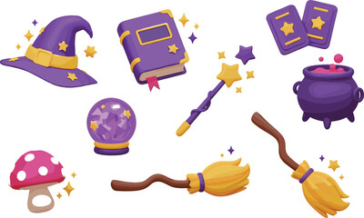 Naklejka premium Set of flat vector illustrations depicting various magic and witchcraft items like a witch's hat, spellbook, crystal ball, wand, and cauldron, symbolizing fantasy, spellcasting, and Halloween fun