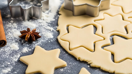 Close-up of cookie dough cut into star shapes using a metal cookie cutter, on a floured table adorned with cinnamon sticks and star anise.