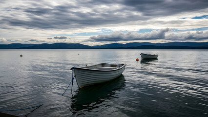 Serene boats floating on a calm lake with mountains in the background under a cloudy sky